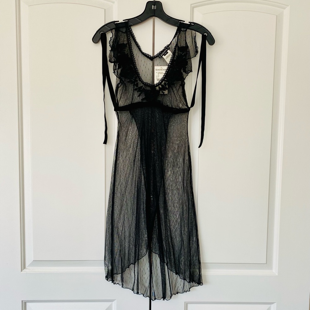 bebe Sheer Back Wrap Embroidered Dress